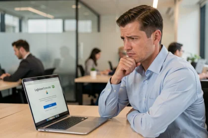 Employé de bureau frustré face à un écran d'erreur de connexion sur son ordinateur portable en open space