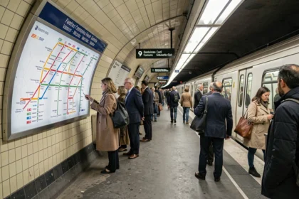 Quai de la ligne 9 du métro parisien avec voyageurs et plan de correspondances RER tram et bus visible sur le mur