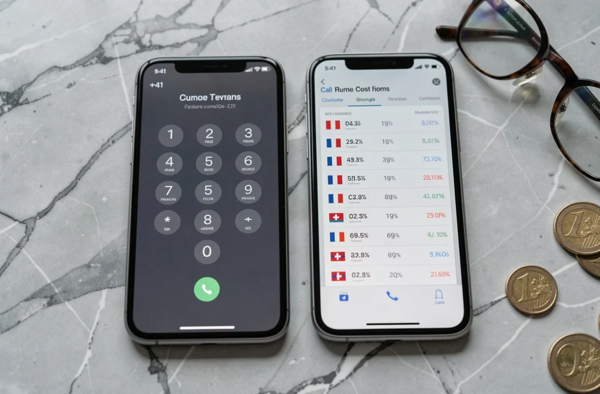 Deux smartphones affichant l'indicatif international de la Suisse et un simulateur de coût d'appel posés sur une surface en marbre