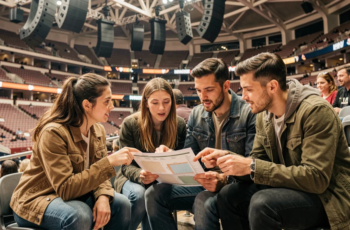 Groupe de spectateurs consultant le plan de salle et repérant leurs places dans les tribunes de l'Accor Arena à Bercy