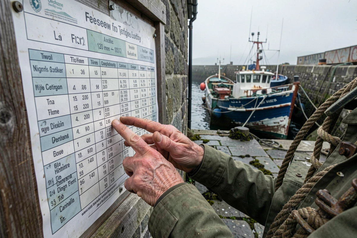 Mains d'un pêcheur consultant un tableau des marées affiché au port de Saint-Hilaire-de-Riez