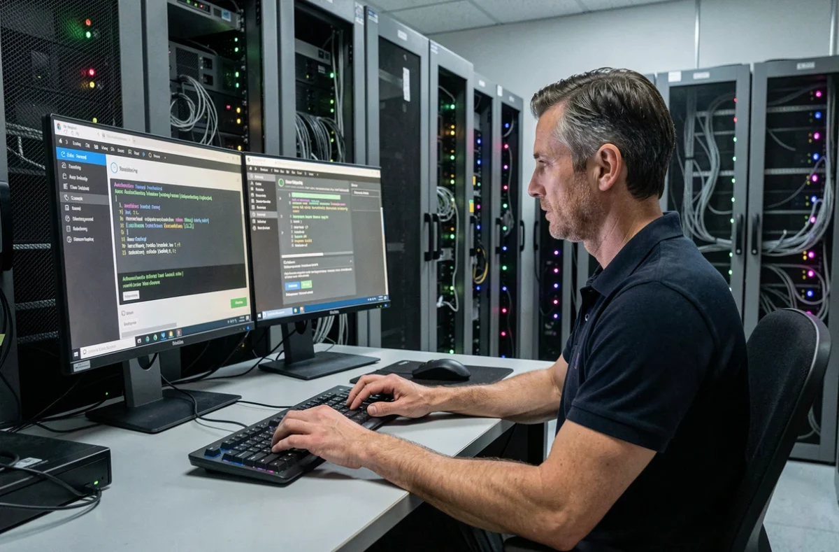 Technicien informatique en salle serveur analysant des codes d'erreur d'authentification sur plusieurs écrans