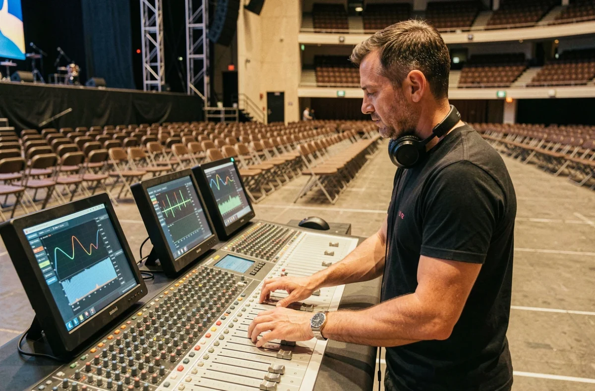 Technicien son professionnel à la console de mixage au parterre de l'Accor Arena de Bercy lors de la préparation d'un concert