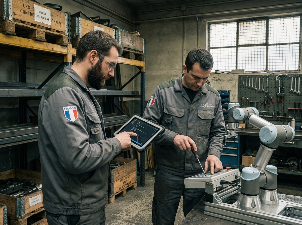Deux techniciens de PME française programmant et calibrant un robot industriel compact en atelier