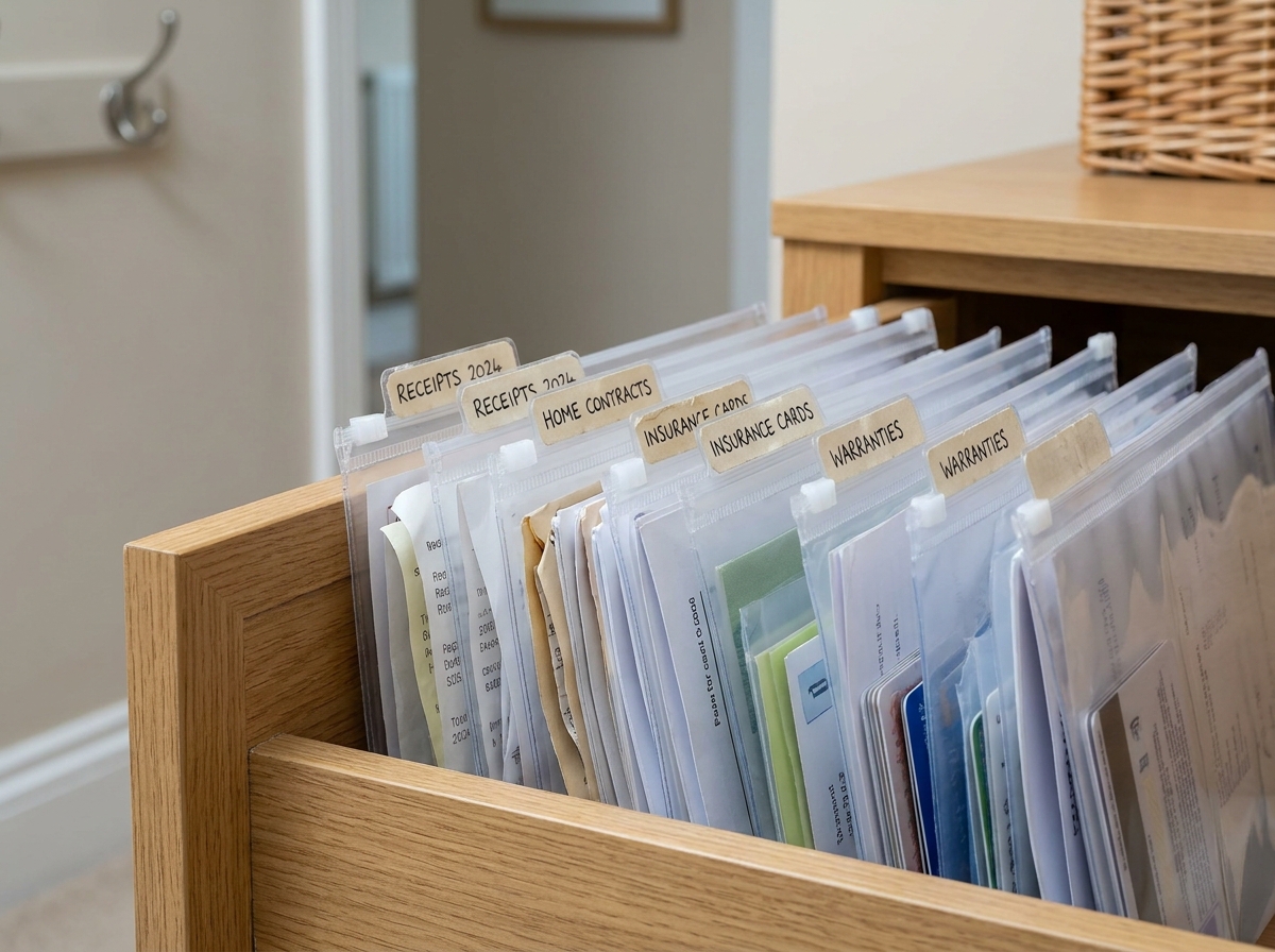 Tiroir organisé avec des pochettes transparentes debout contenant des documents classés et étiquetés à la main