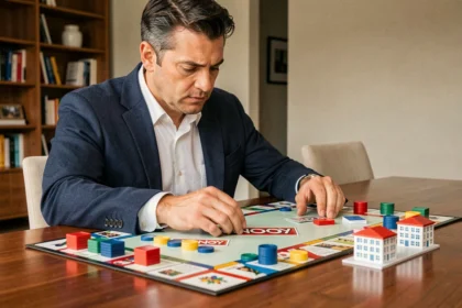 Homme adulte analysant un plateau de jeu Monopoly GO avec des pièces de jeu et des cartes de propriété sur une table en bois, illustrant les clubs Tycoon et Magnat