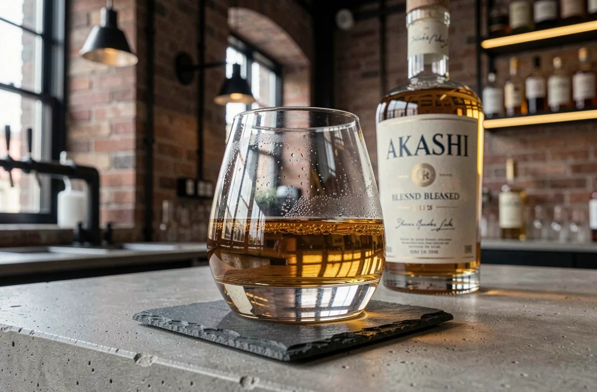 Verre de whisky japonais Akashi posé sur un comptoir en ardoise dans un bar à whiskies contemporain urbain