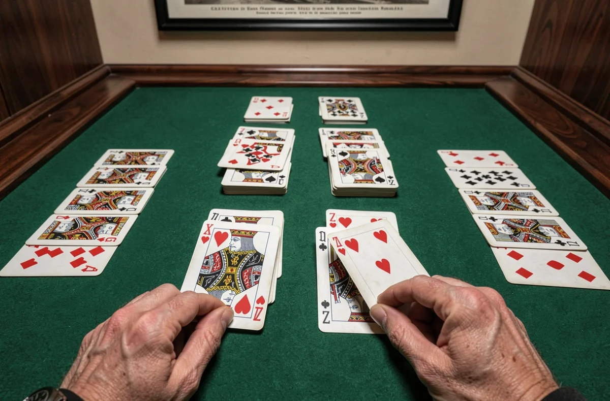 Vue aérienne d'une partie de crapette en cours sur un tapis de jeu vert avec les mains d'un joueur plaçant une carte selon les règles