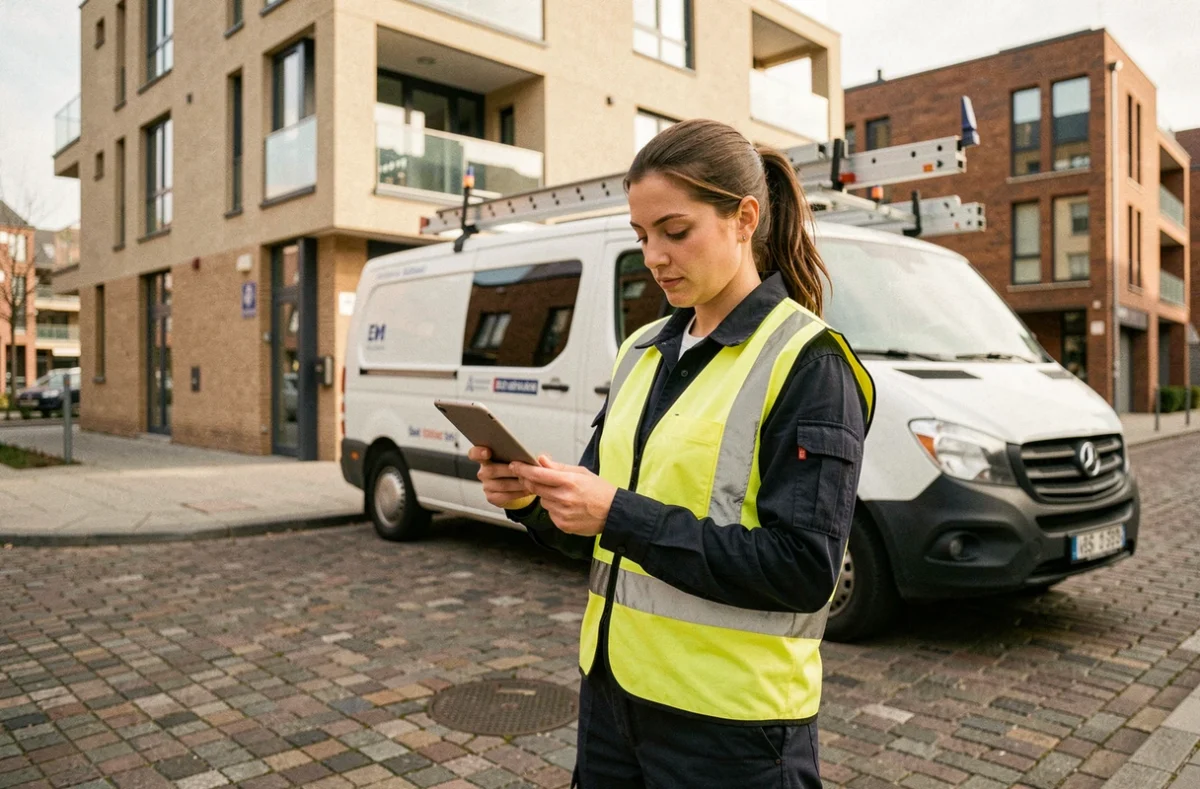 Électricienne d'ASL Électricité intervenant en urgence à Lille devant un immeuble résidentiel