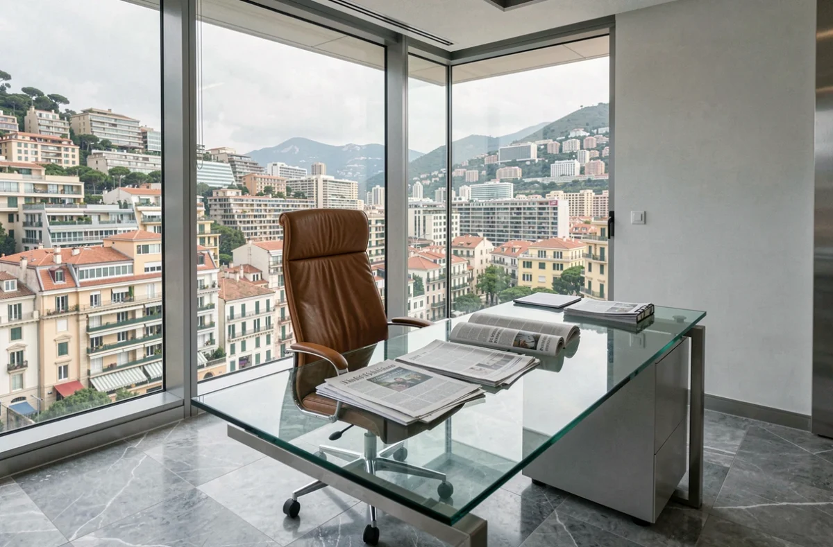 Bureau vide et luxueux à Monaco avec vue sur la ville symbolisant le pouvoir et l'opacité d'un homme d'affaires influent