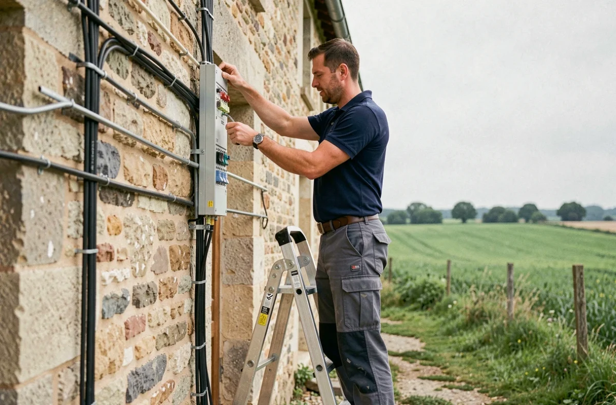 Électricien Caux Elec posant une goulotte électrique sur la façade d'une ferme dans la Somme