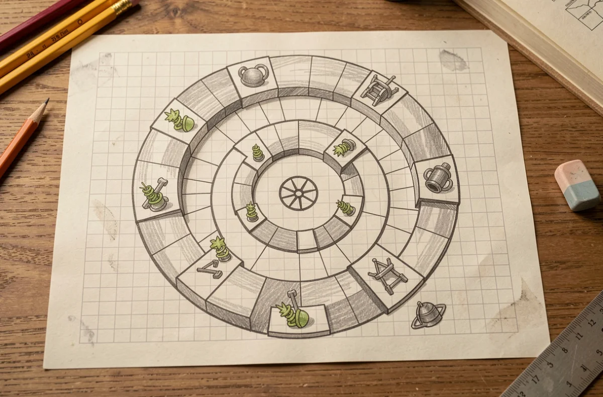 Carte dessinée à la main représentant un couloir en spirale menant au noyau central avec des Spring Traps positionnés le long du chemin