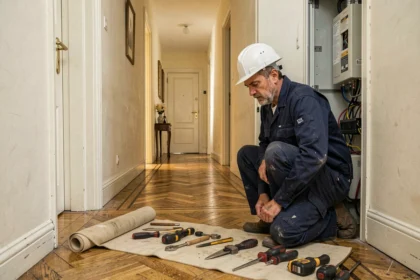 Électricien d'urgence intervenant sur un tableau électrique dans un couloir résidentiel des Hauts-de-France