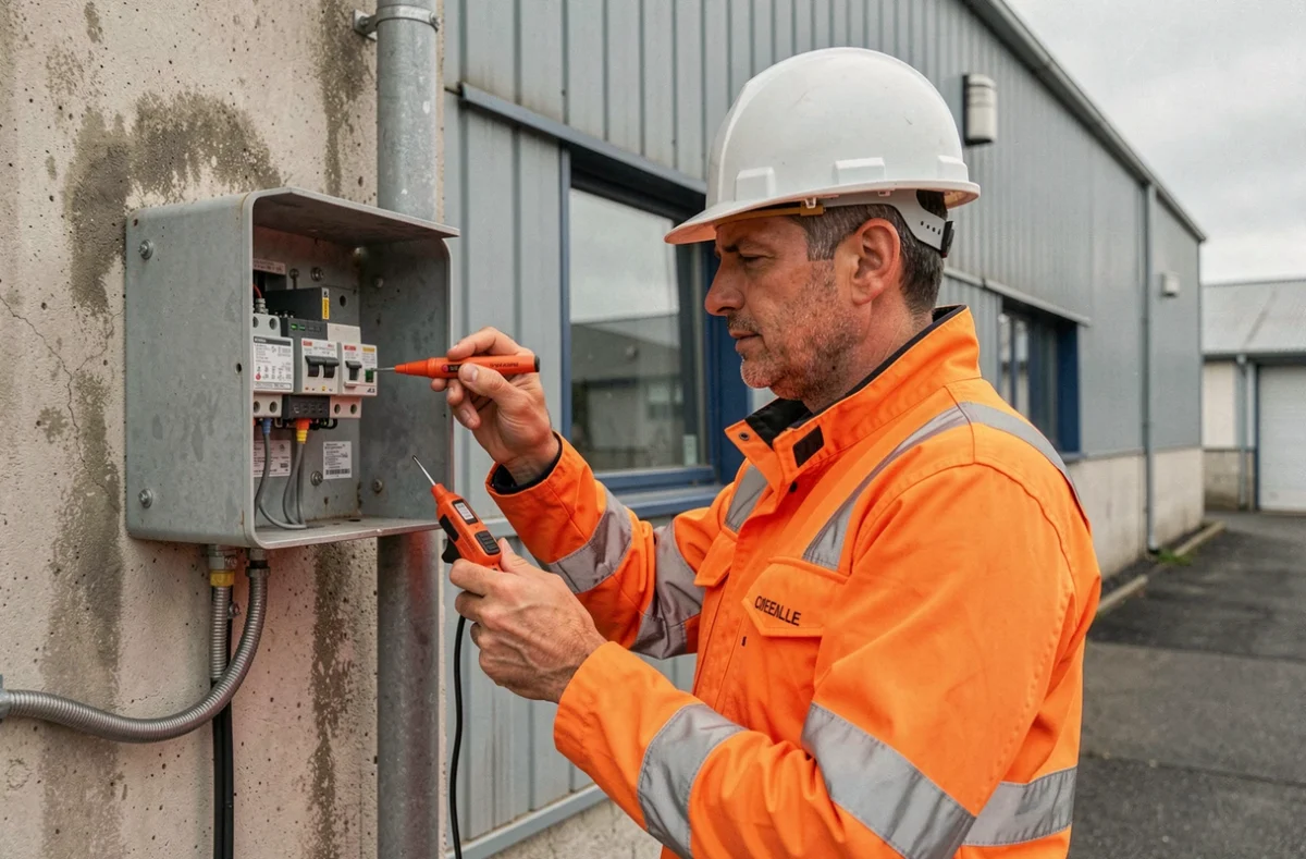 Électricien Energydis testant une boîte de jonction électrique dans le Pas-de-Calais