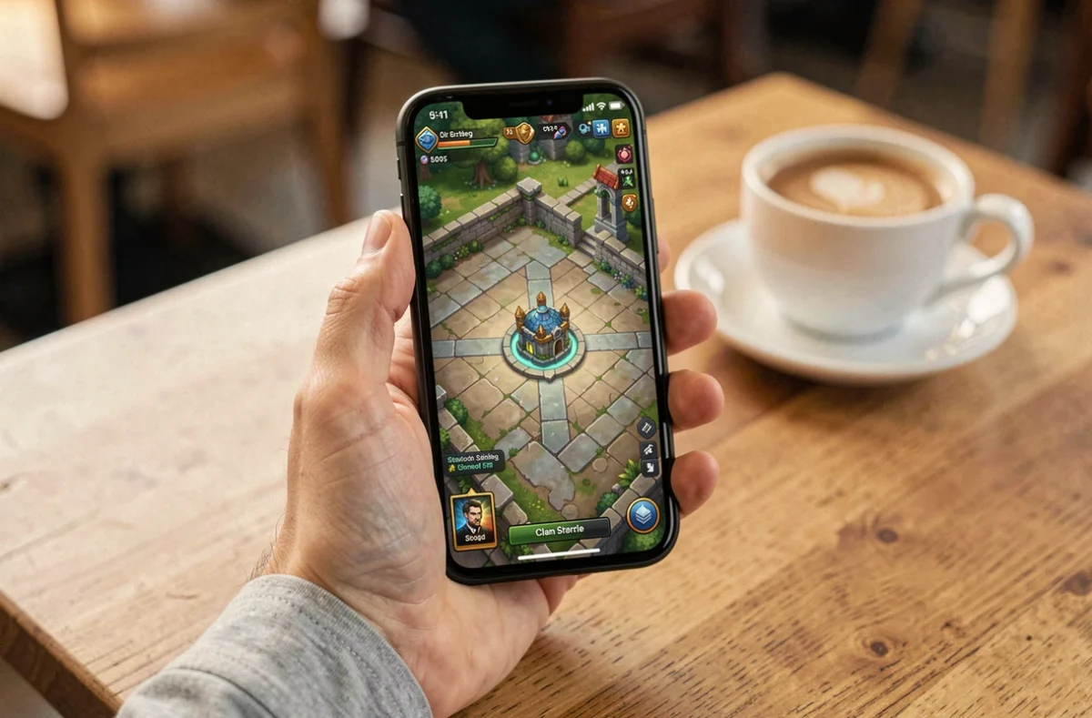 Smartphone affichant un faux compartiment vide avec le Clan Castle centré comme piège dans une base HDV 11