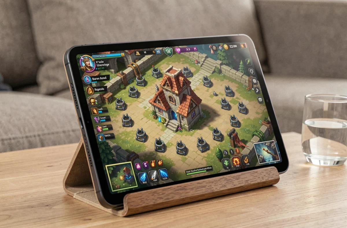 Tablette affichant une base HDV 11 avec l'Hôtel de Ville exposé et des Tesla cachées disposées en cercle autour de lui