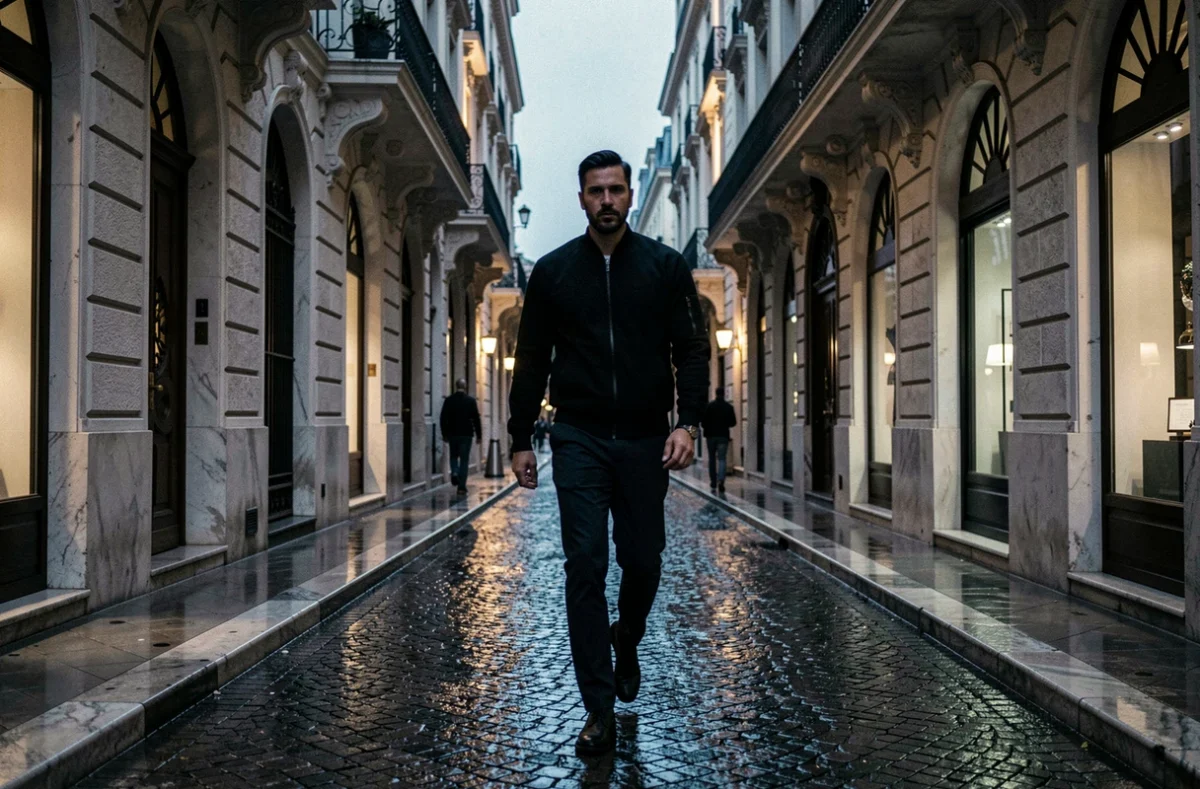 Homme énigmatique marchant rapidement dans une rue huppée de Monte-Carlo au crépuscule dans une ambiance d'enquête journalistique