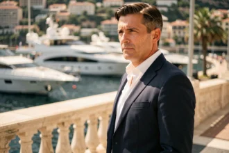 Homme mystérieux en costume sombre sur le front de mer de Monaco avec des yachts de luxe en arrière-plan flou