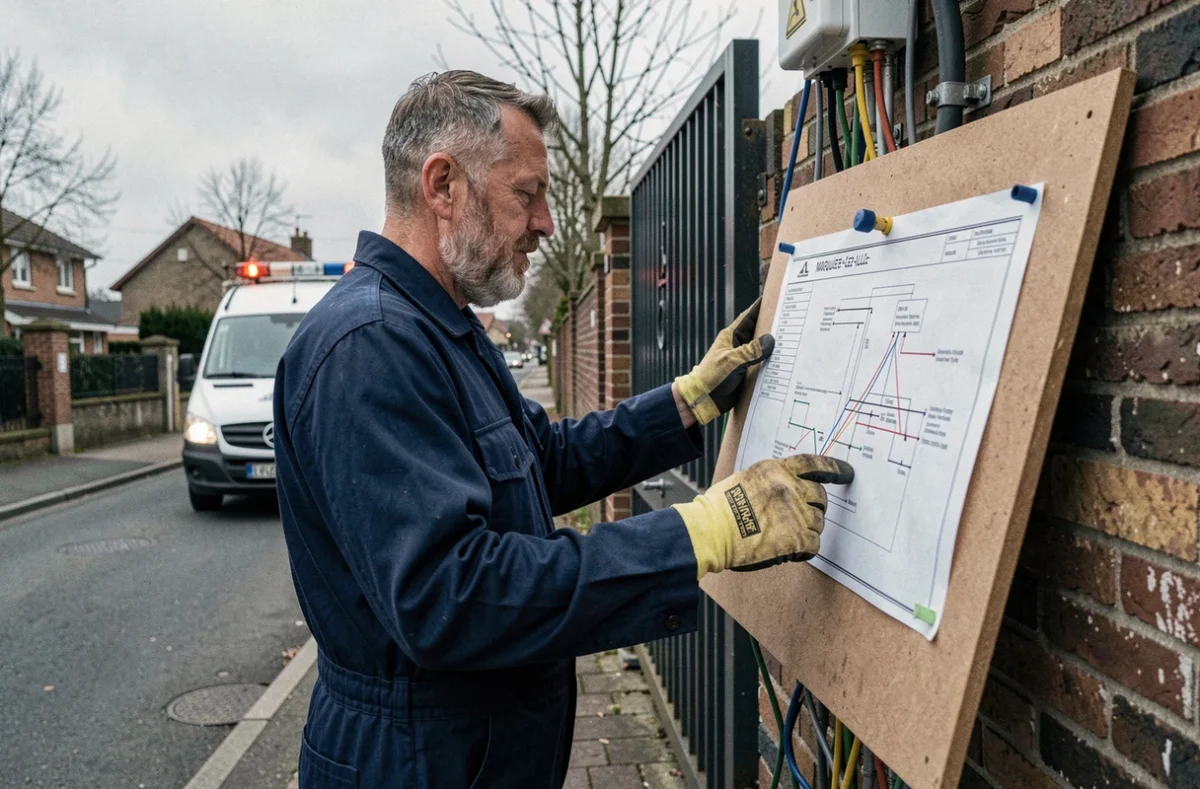 Électricien JPS consultant un schéma de câblage devant une installation extérieure à Marquette-lez-Lille