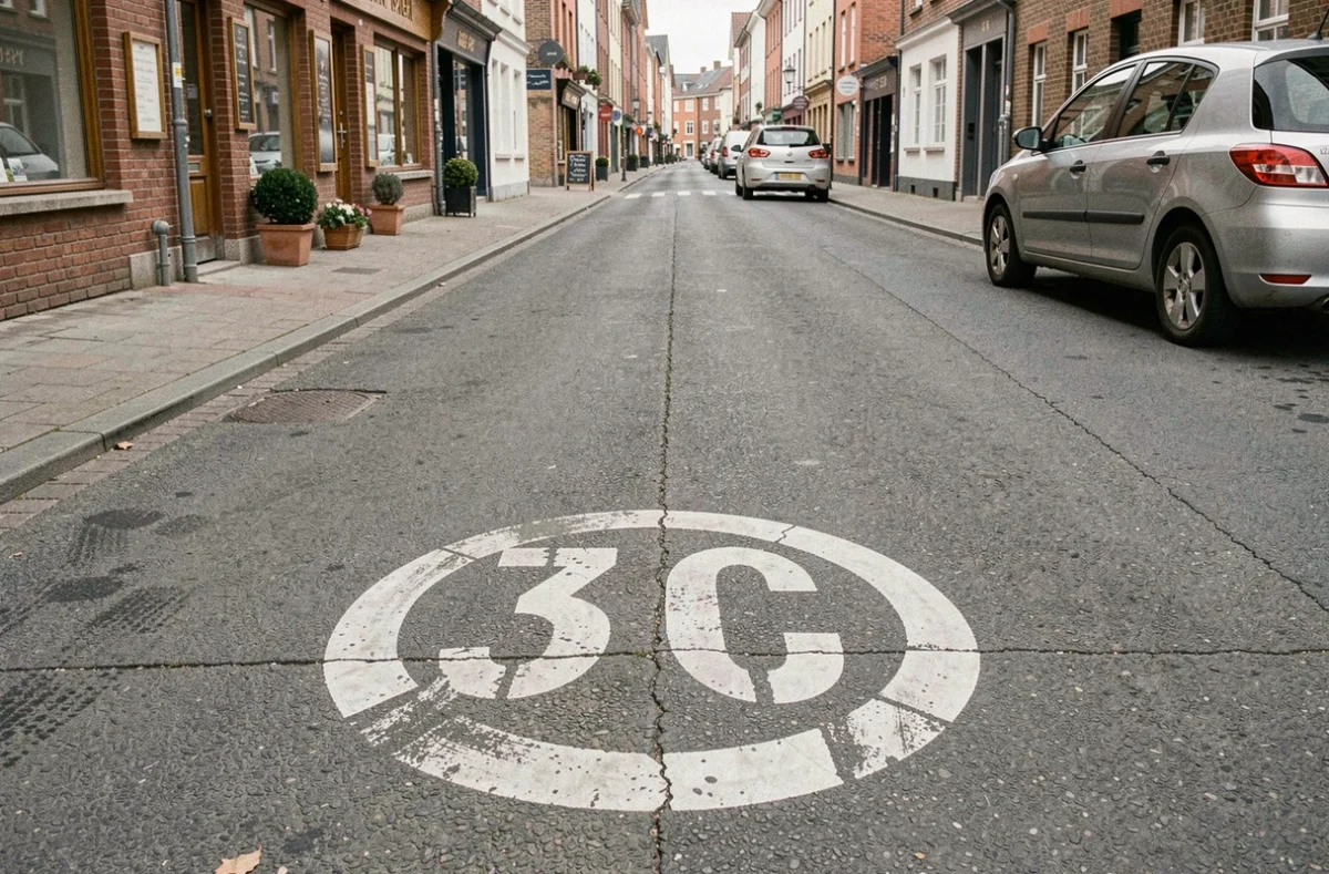 Marquage au sol 30 mph sur une route urbaine européenne avec commerces et voiture en circulation lente