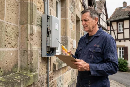 Électricien professionnel devant une maison alsacienne typique, représentant les meilleurs électriciens du Haut-Rhin