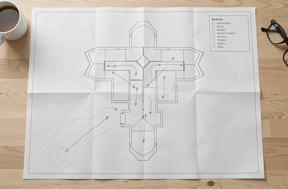 Plan imprimé de grande taille montrant des murs en forme de symbole avec une canalisation de troupes réelle intégrée dans la base HDV 11