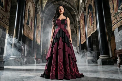 Princesse vêtue d'une robe sombre aux motifs de flammes dans une salle du trône médiévale en pierre obsidienne