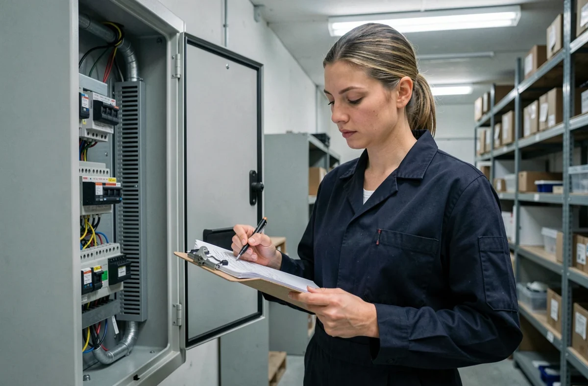 Électricienne de SN Électricité inspectant un tableau électrique dans un local commercial à Saint-Quentin