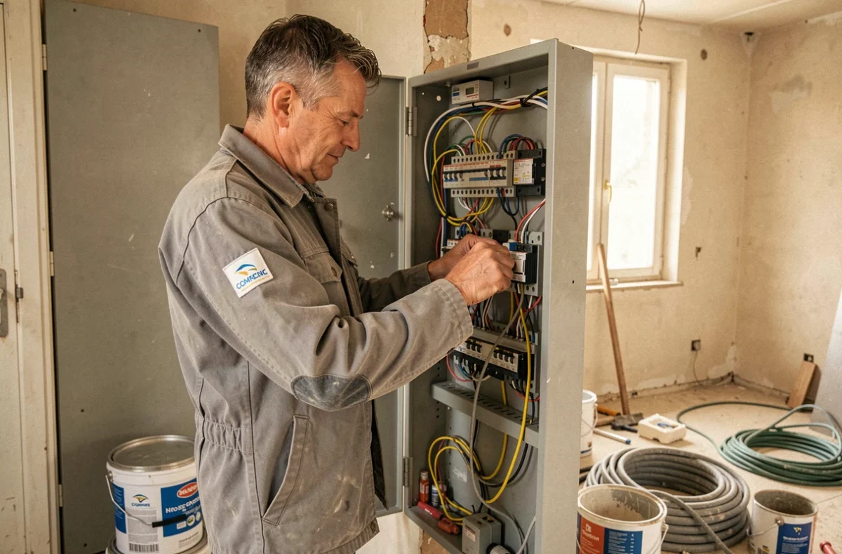Électricien TEC Renov 60 raccordant des câbles dans un tableau électrique lors d'une rénovation dans l'Oise