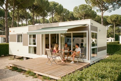 Famille de quatre personnes profitant de la terrasse extérieure d'un mobil-home français moderne dans un camping entouré de pins
